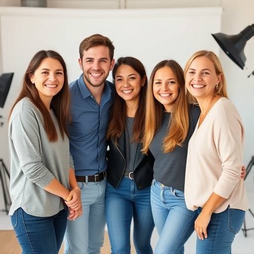 A equipe de fotógrafos profissionais do estüdio sorrindo