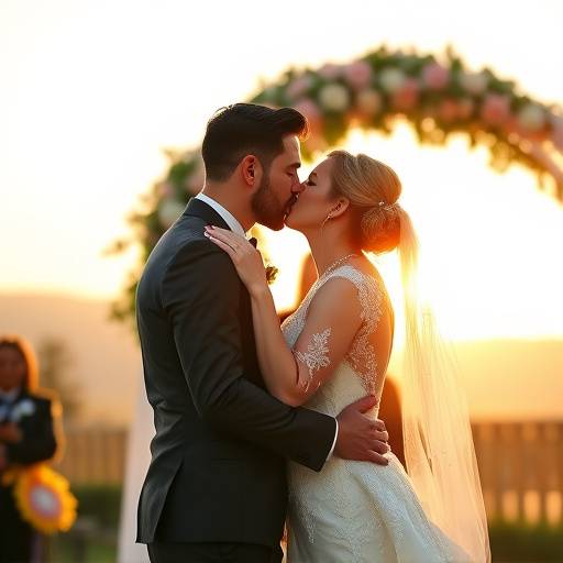Casal de noivos se beijando apaixonadamente durante a cerimônia ao ar livre.