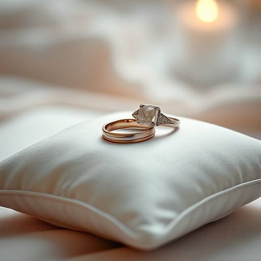 Detalhe das alianäas de casamento em um porta-alianäas elegante.
