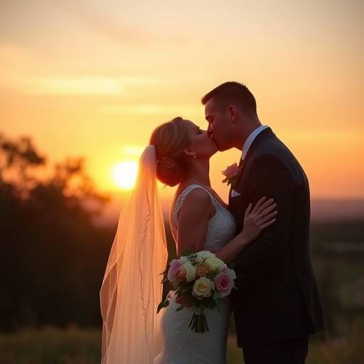 Foto de casamento com noivos se beijando ao pôr do sol.