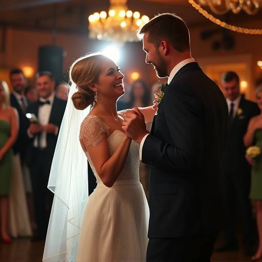 Foto espontânea dos noivos danäando durante a festa de casamento.