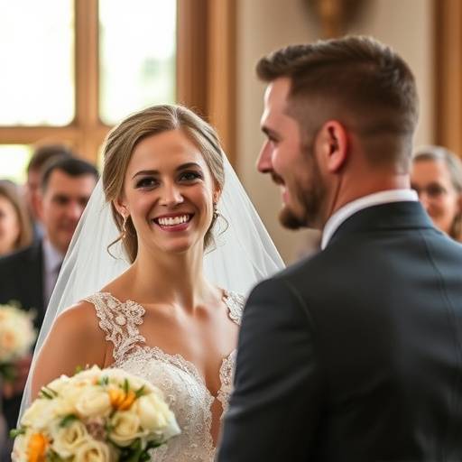 Fotografia de casamento mostrando noivos sorrindo durante a cerimônia