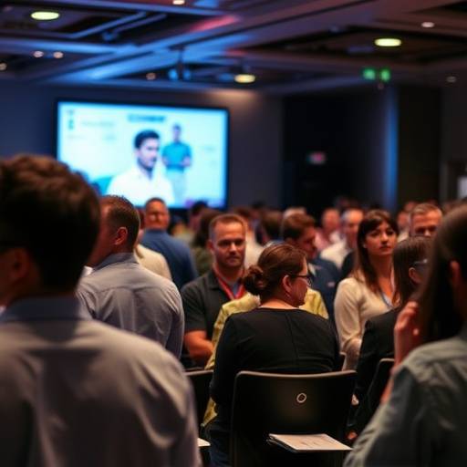 Fotografia de um evento corporativo com pessoas em reunião.