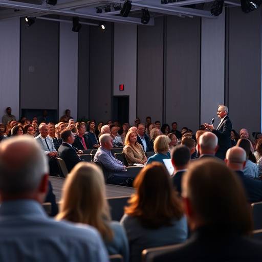 Fotografia de um evento corporativo com palestrante no palco e püblico atento.