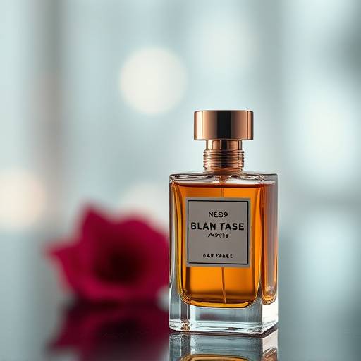 Fotografia de um perfume com embalagem elegante e fundo desfocado.