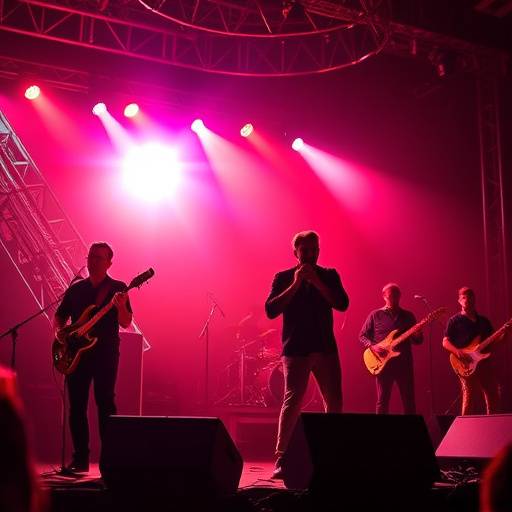 Fotografia de um show com banda tocando no palco.