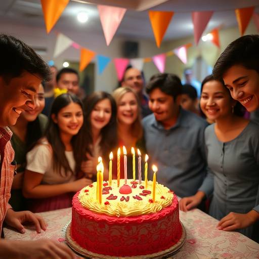 Fotografia de uma festa de aniversário com bolo decorado e convidados celebrando.
