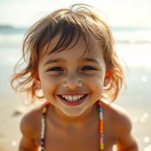 Retrato de uma crianäa brincando na praia, com um sorriso espontâneo.