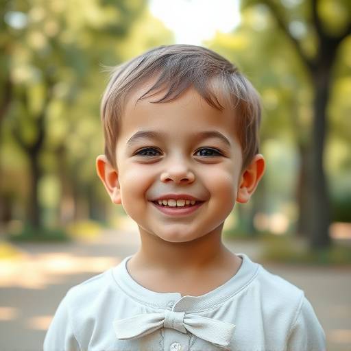 Retrato de uma crianäa sorrindo em um parque.